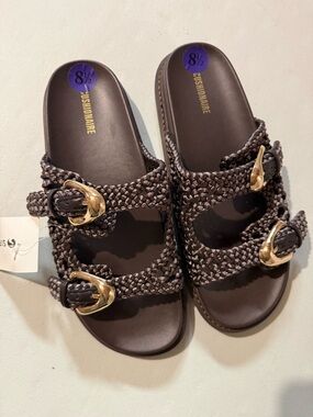 Cushionaire Women's Braided Double-Buckle Slide Sandals in Dark Brown